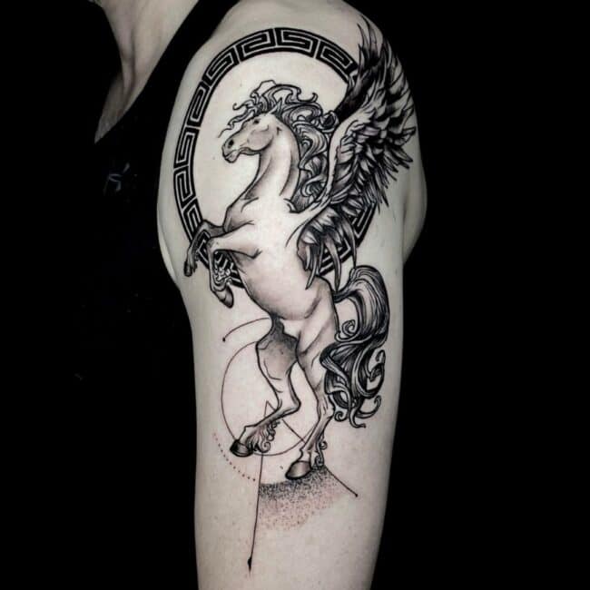 Juan Pablo Carvajal Tattoo Artist Fine line Flying Horse With Wings And Halo Arm Tattoo