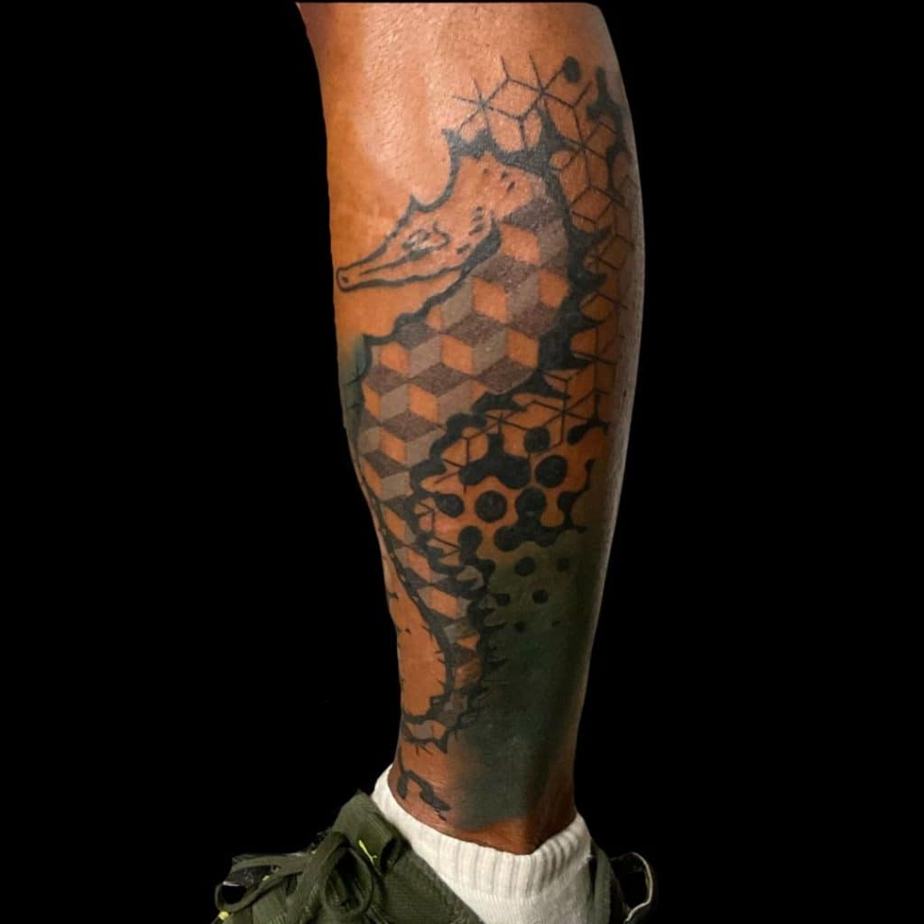 Marto Tattoo Artist Blackwork Animal Realism Geometric Seahorse Calf Leg Coverup Tattoo