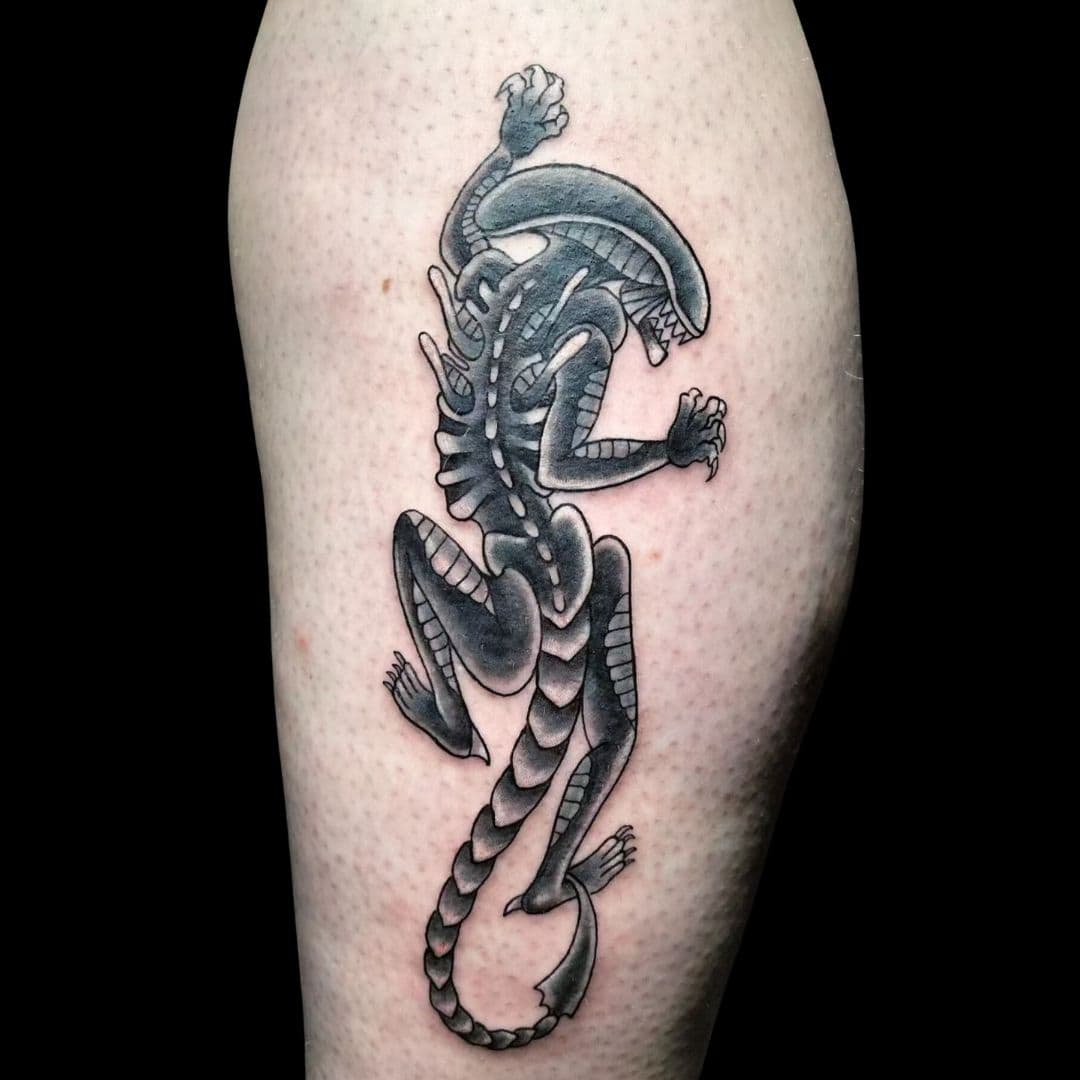 Marto Tattoo Artist Blackwork Neotraditional Alien Lizard Creature Calf Tattoo