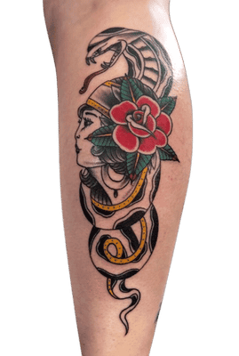 Michael Tattoo Artist Neo Traditional Snake Flower Calf Leg Tattoo Transparent