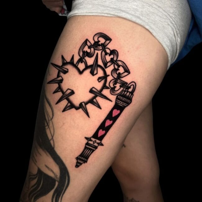 Michael Tattoo Artist Neotraditional Heart Whip Thigh Tattoo