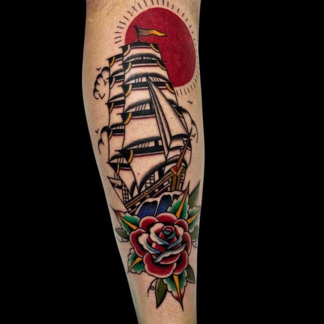 Michael Tattoo Artist Traditional Colour Ship Rose Forearm Tattoo