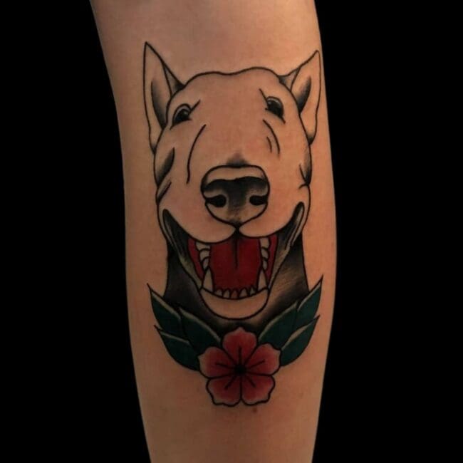 Michael Tattoo Artist Traditional Dog With Rose Calf Tattoo