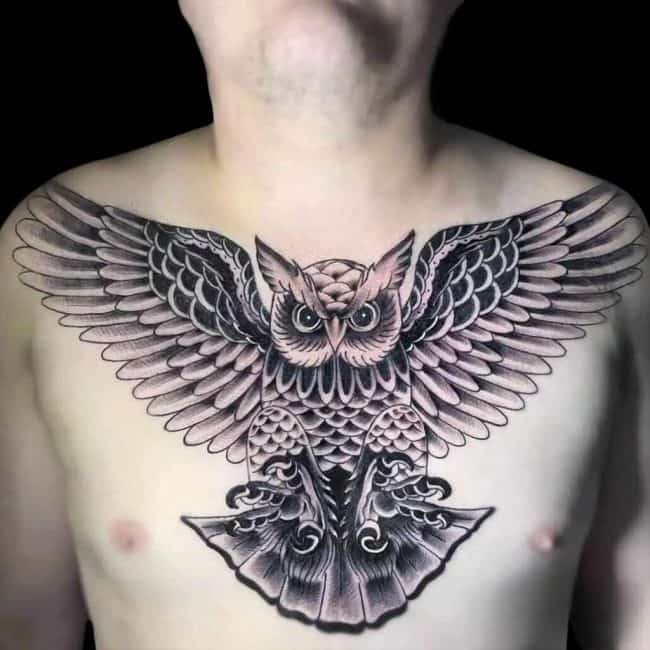 Michael Tattoo Artist Traditional Owl Full Chest Tattoo
