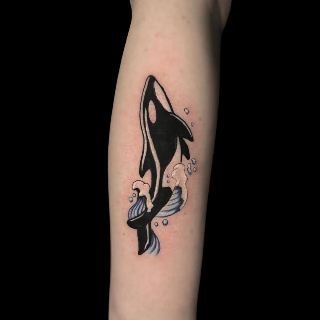 Nicolas Tattoo Artist Semi Realism Blue Whale Colour Ocean Forearm Tattoo