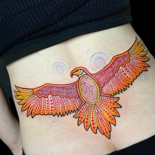 Penno Tattoo Artist Traditional Aboriginal Painting Style Eagle Colour Back Tattoo