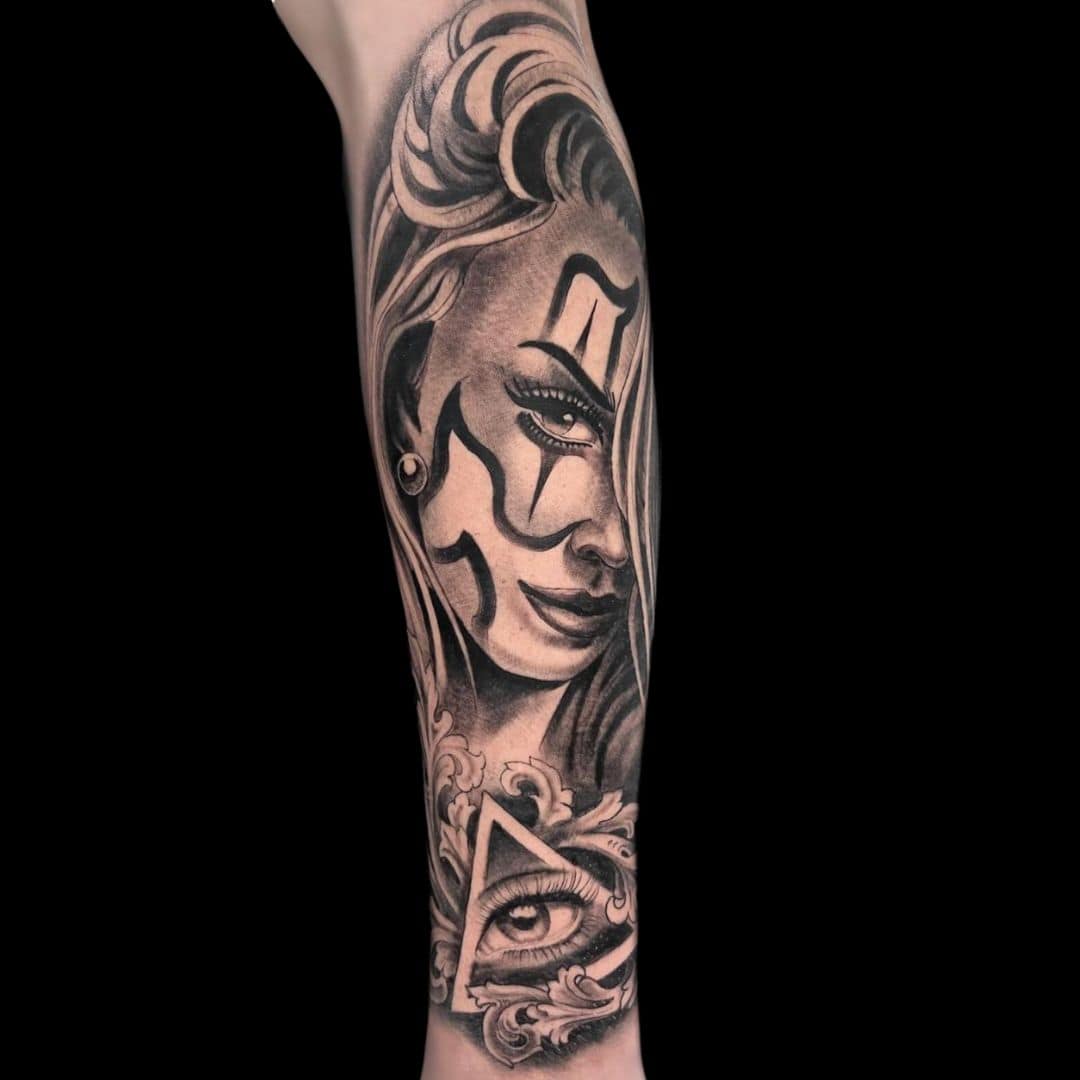 Rafael Zanette Tattoo Artist Black And Grey Realism Chicano Woman Eye Of Horus Forearm Tattoo