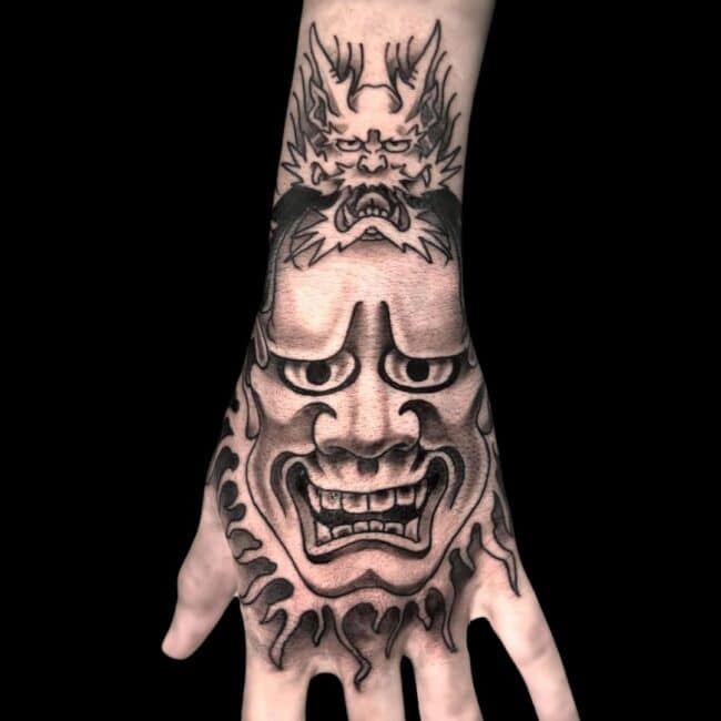 Rafael Zanette Tattoo Artist Japanese Hannya Mask Hand Forearm Tattoo