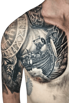 Raurie Tattoo Artist Celtic Mythology Warrior Ship Chest Arm Shoulder Tattoo Transparent