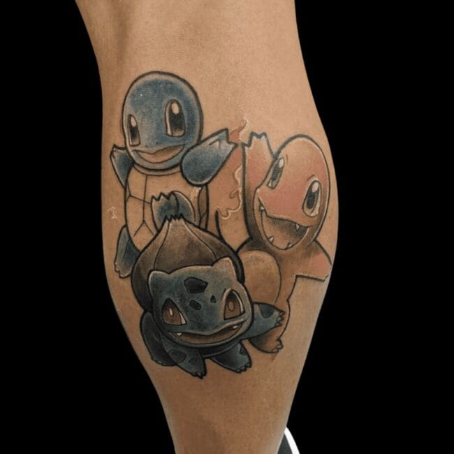 Rhys Tattoo Artist Cartoon Anime Pokemon Fire Water Earth Calf Tattoo