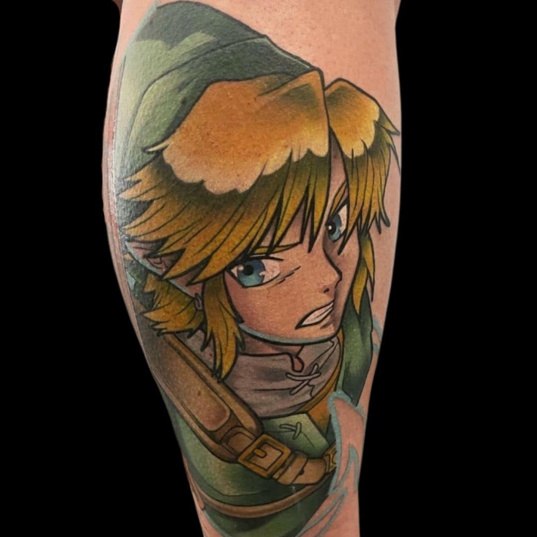 Rhys Tattoo Artist Cartoon Anime Video Game Link Zelda Calf Tattoo