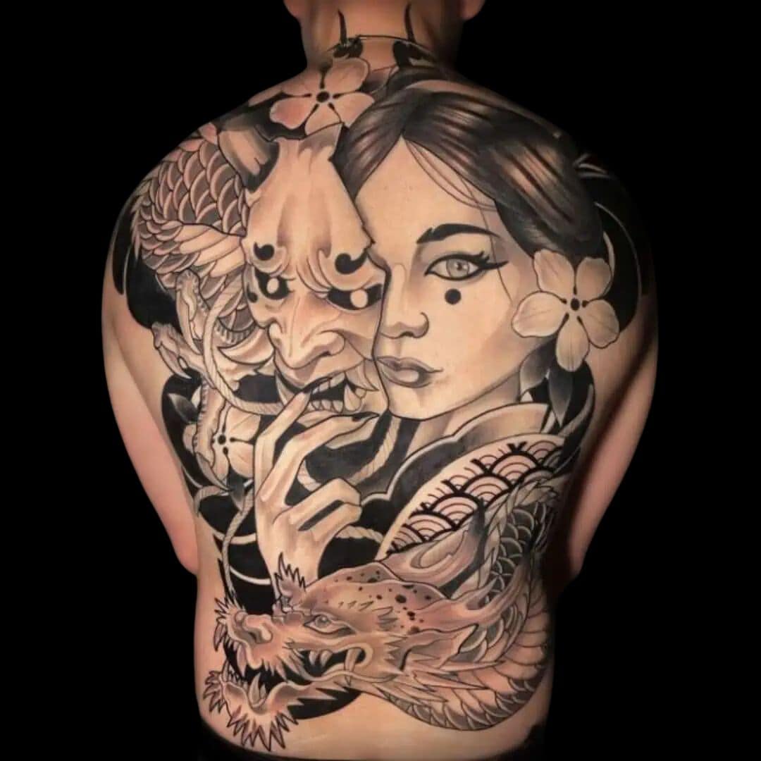 Rhys Tattoo Artist Japanese Geisha Dragon Koi Fish Back Tattoo