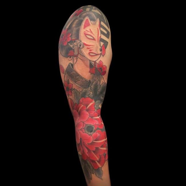 Rhys Tattoo Artist Japanese Geisha With Mask Flowers Arm Sleeve Tattoo