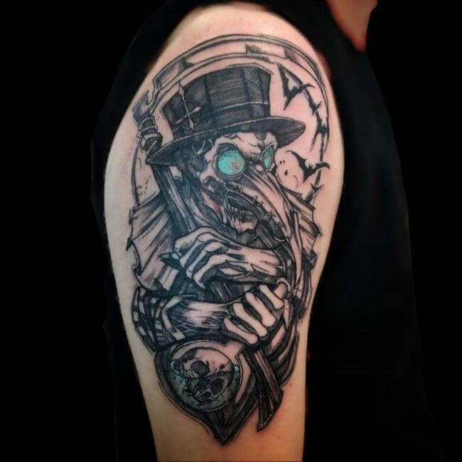 Sheela Tattoo Artist Neotraditional Doctor Death Sunglasses Top Hat Arm Tattoo