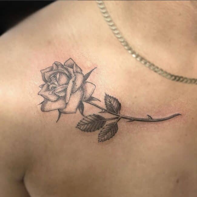Thor Tattoo Artist Fine Line Rose Flower Collar Bone Tattoo