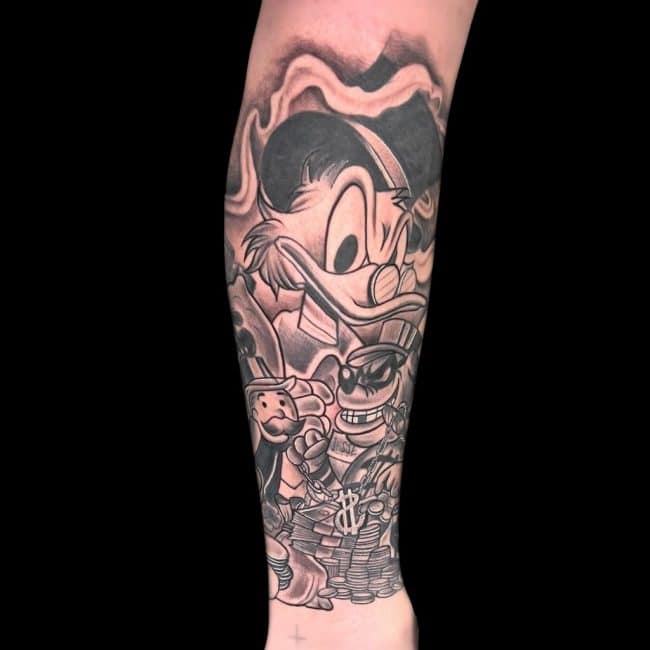 Truth Tattoo Artist Cartoon Scrooge McDuck Monopoly Looney Tunes Calf Wrap Around Disney Tattoo