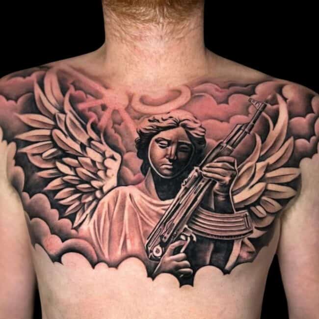CJ Tattoo Artist Chicano Angel Ak47 Chest Tattoo