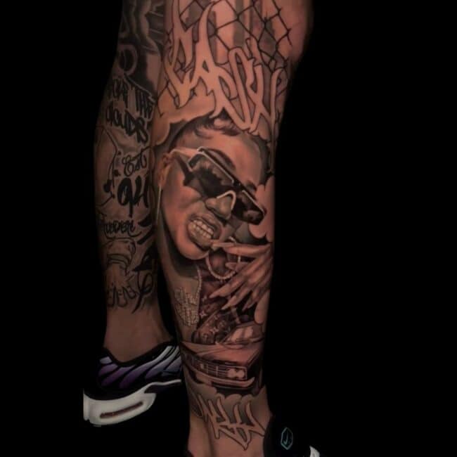CJ Tattoo Artist Chicano Portrait Woman Sunglasses Chain Smile Leg Tattoo