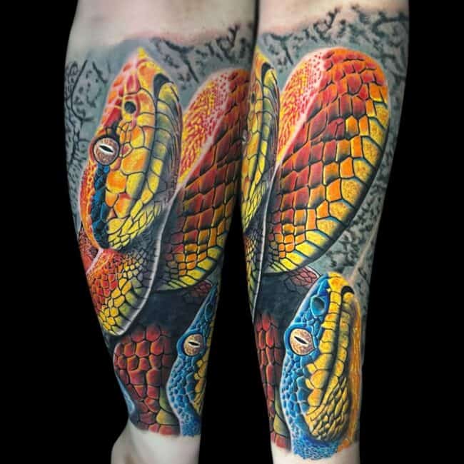 CJ Tattoo Artist Colour Neo Traditional Snake Vibrant Wrap Around Forearm Tattoo