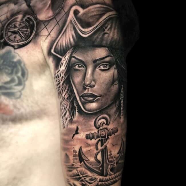 CJ Tattoo Artist Portrait Realism Pirate Woman Anchor Sea Arm Tattoo