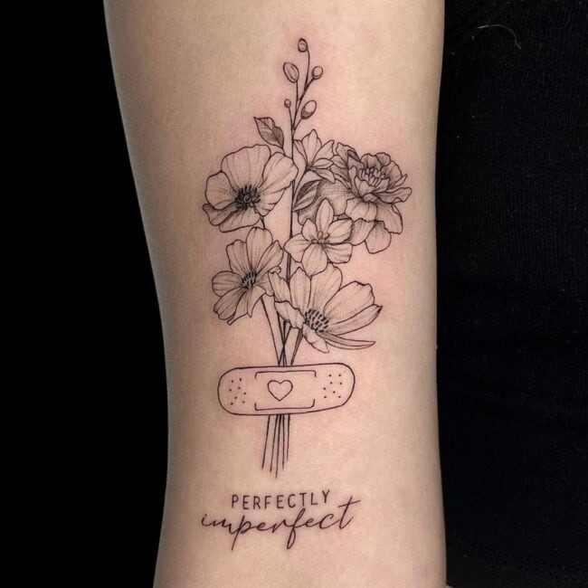 Fine Line Bouquet Of Flowers Tattoo