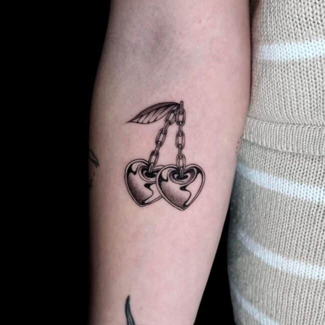 Chelsea Tattoo Artist Fine Line Heart Necklace Cherry Forearm Tattoo
