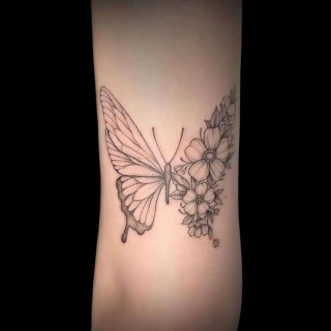 Chil Tattoo Artist Fine Line Realism Butterfly Flower Elbow Arm Tattoo