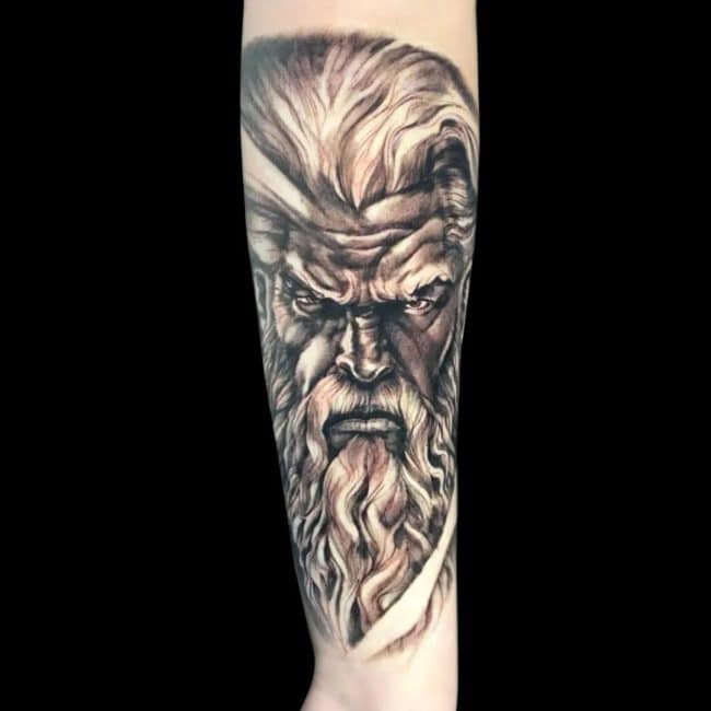 Christian Tattoo Artist Realism Norse God Mythology Old Man Big Beard Forearm Tattoo