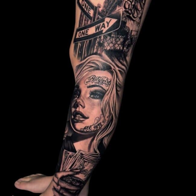Corey Tattoo Artist Chicano Realism Portrait NYC Street Graffiti Money Full Leg Sleeve Tattoo