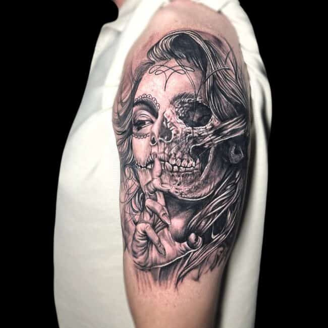 Corey Tattoo Artist Chicano Woman Skull Covering Her Mouth Arm Tattoo