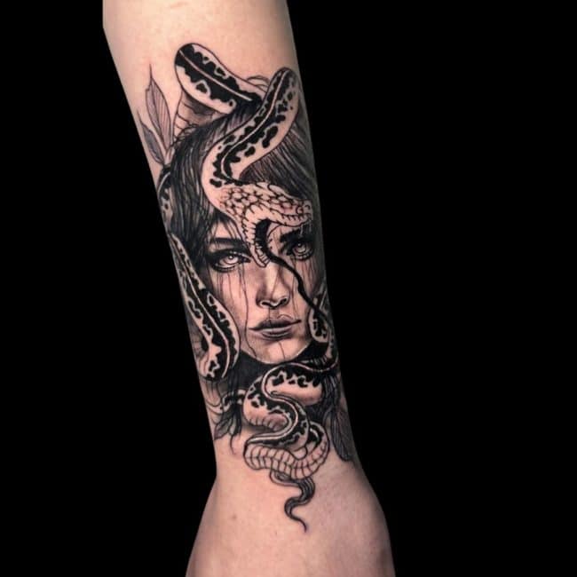 Corey Tattoo Artist Dark Realism Woman With Snakes Forearm Tattoo
