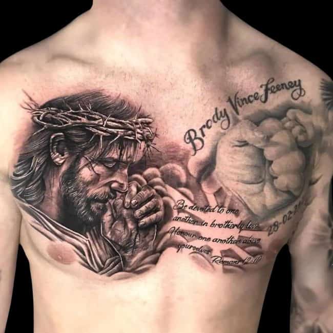 Corey Tattoo Artist Religious Realism Jesus Praying Bible Verses Jesus Chest Tattoo