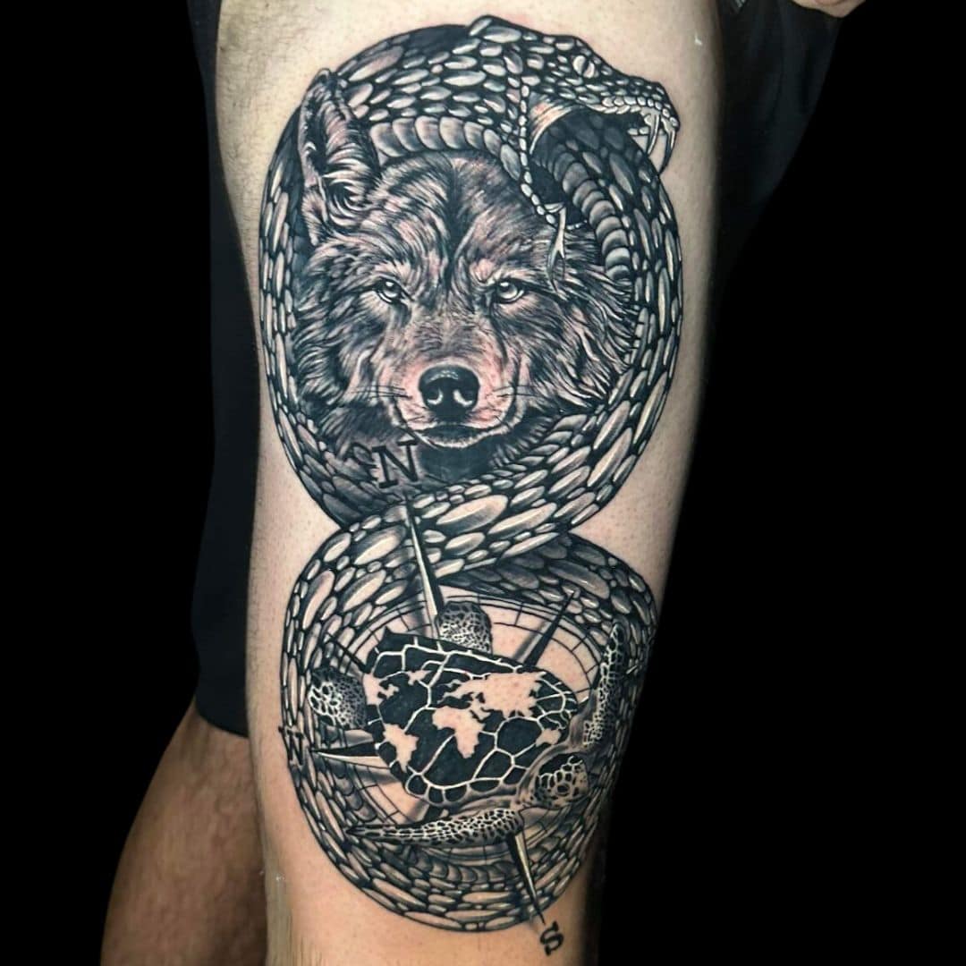Corey Tattoo Artist Tribal World Map Turtle Wolf Leg Tattoo