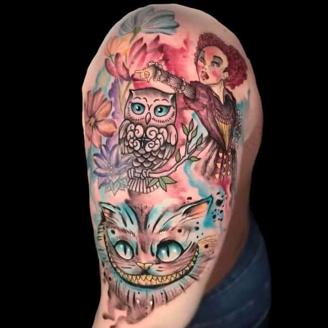 Erick Suarez Tattoo Arist Colour Alice In Wonderland Anime Cartoon Arm Shoulder Tattoo