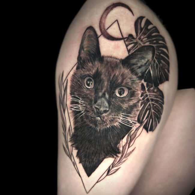 Italo Tattoo Artist Animal Realism Blackwork Cat Geometric Shoulder Tattoo