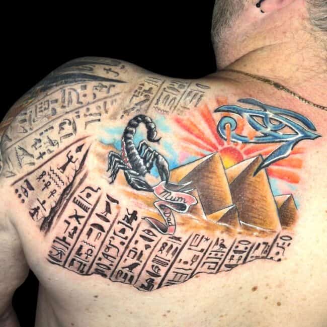Italo Tattoo Artist Egyptian Colour Scorpion Pyramids Back Tattoo