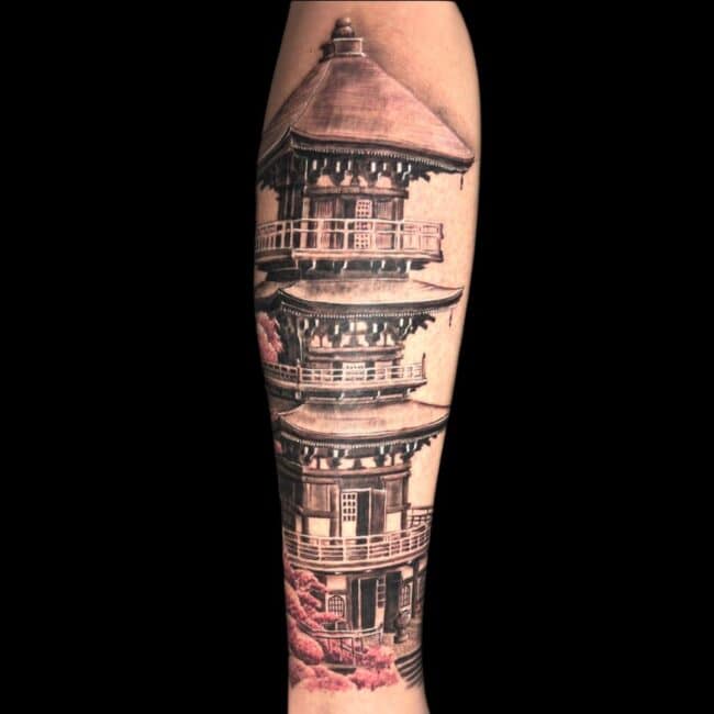 Italo Tattoo Artist Japanese Building Leg Tattoo