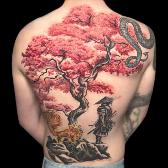 Italo Tattoo Artist Japanese Colour Cherry Blossom Tree Samurai Back Tattoo