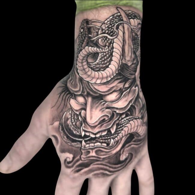 Italo Tattoo Artist Japanese Hannya Mask Hand Tattoo
