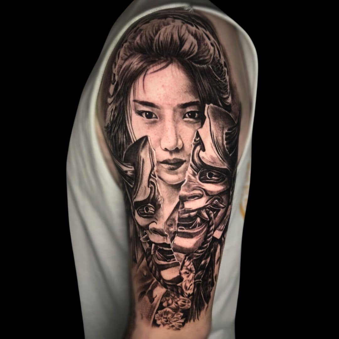 Italo Tattoo Artist Portrait Japanese Woman Hannya Mask Arm Tattoo