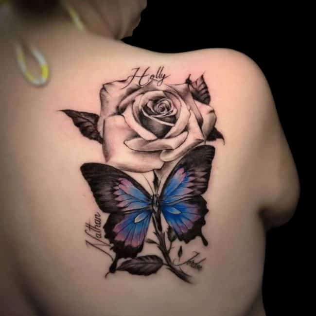 Italo Tattoo Artist Realism Colour Rose Blue Butterfly Memory Back Tattoo