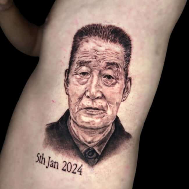 Italo Tattoo Artist Realism Portrait Asian Man In A Suit Side Tattoo