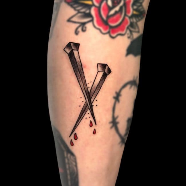 Michael Tattoo Artist Traditional Colour Nail Blood Small Forearm Tattoo