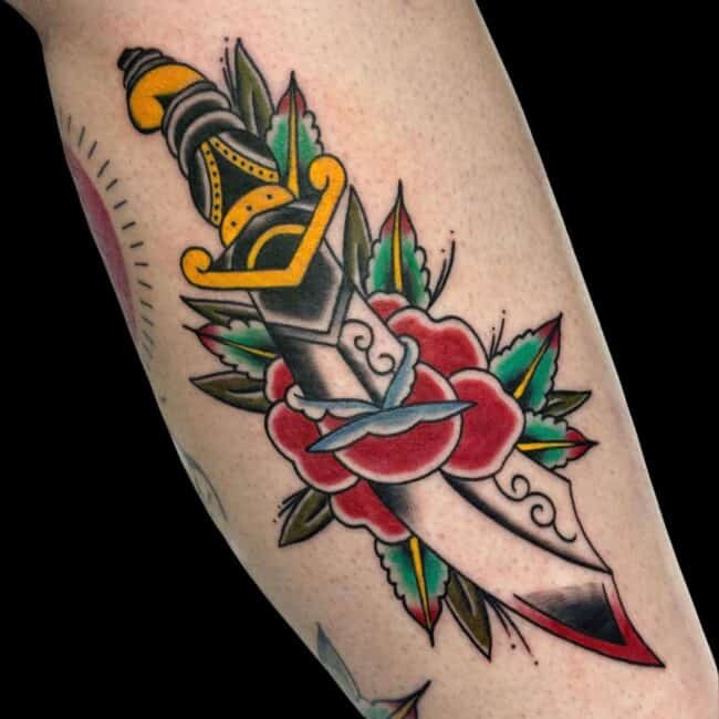 Michael Tattoo Artist Traditional Dagger Flower Roser Colour Forearm Tattoo