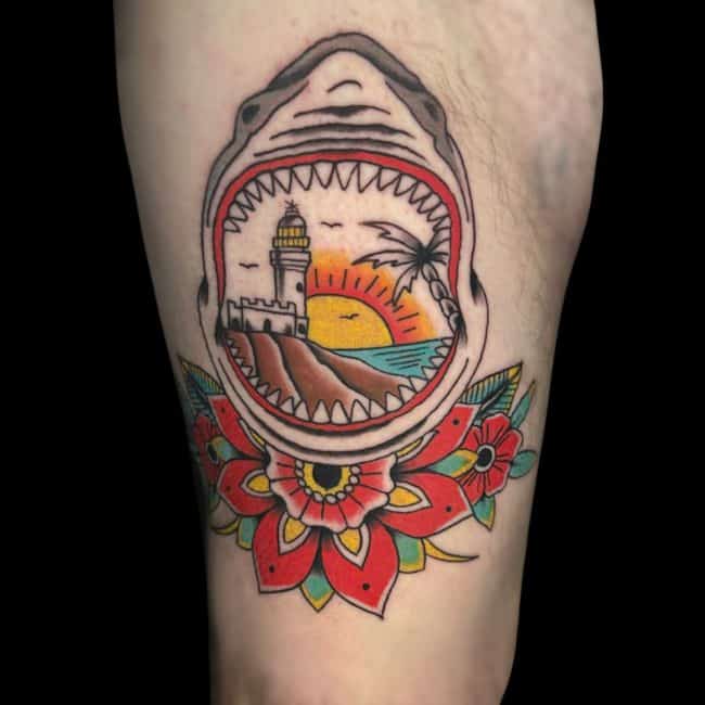 Michael Tattoo Artist Traditional Neo Traditional Shark Pier Lighthouse Sun Colour Flower Leg Tattoo