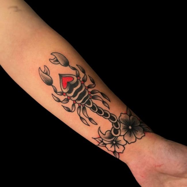 Michael Tattoo Artist Traditional Scorpion Heart Flowers Forearm Tattoo