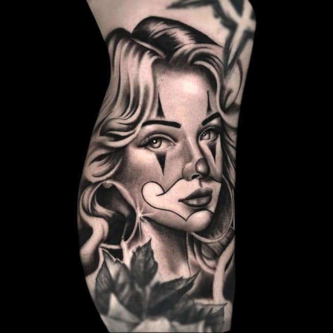 Nicolas Tattoo Artist Chicano Portrait Woman Calf Leg Tattoo