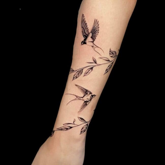 Pablo Juan Carvajal Tattoo Artist Swallows Leafs Fine Line Forearm Tattoo