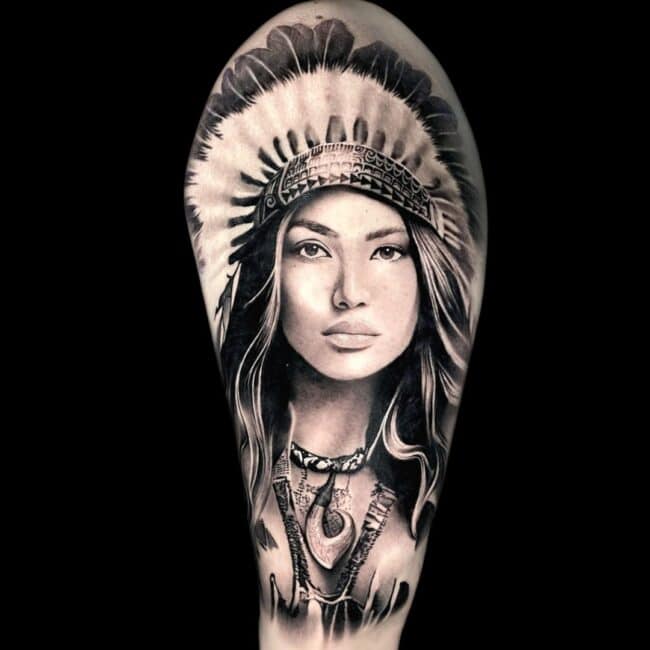 Penno Tattoo Artist Realism Native American Woman Portrait Feathers Arm Tattoo