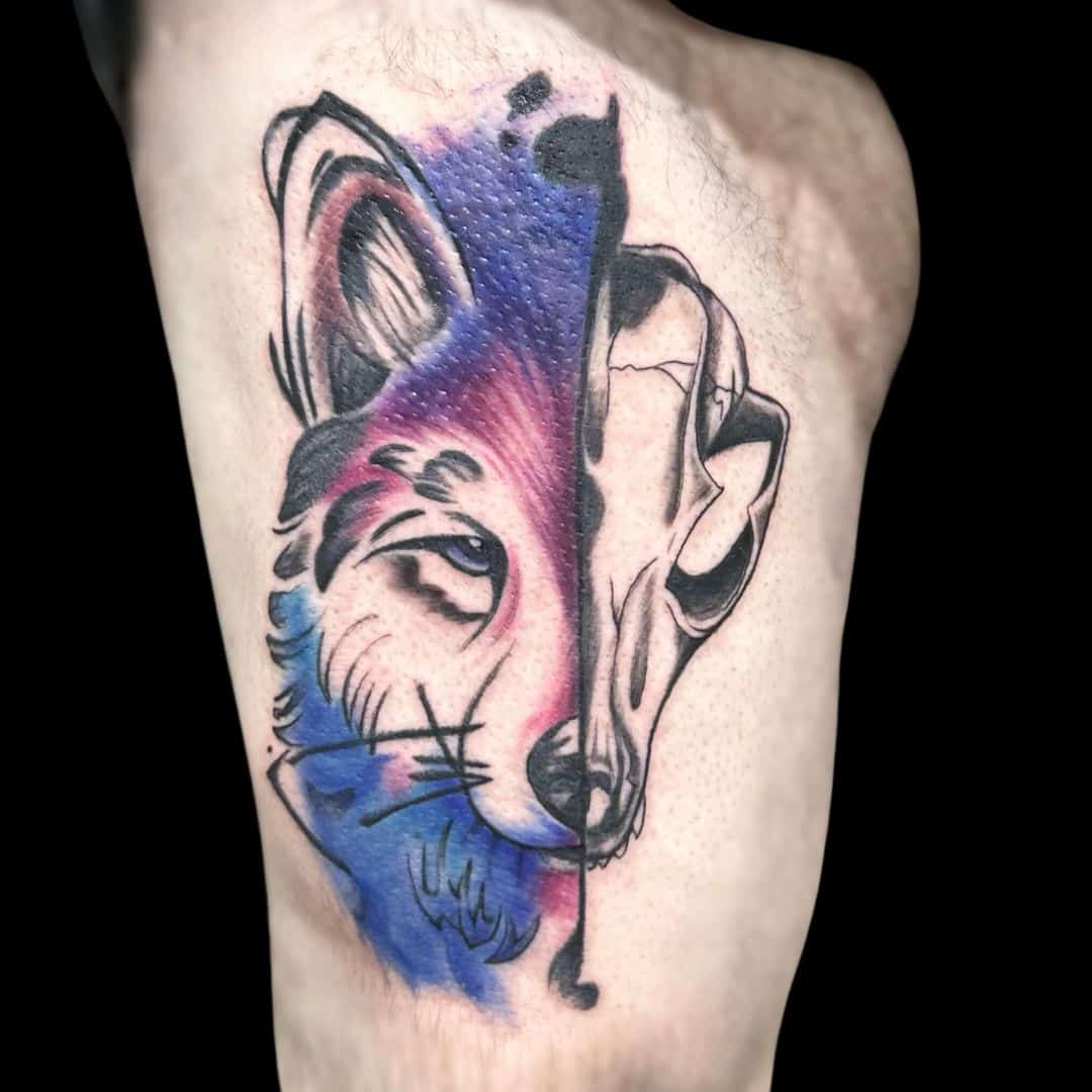 Piolo Erwin Tattoo Artist Fox Colour Neo Traditional Skull Leg Tattoo